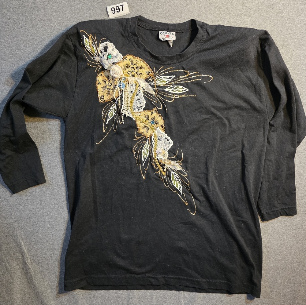 Colon Womens Elegant Black Sweatshirt with Gold Embroidery See Measurements